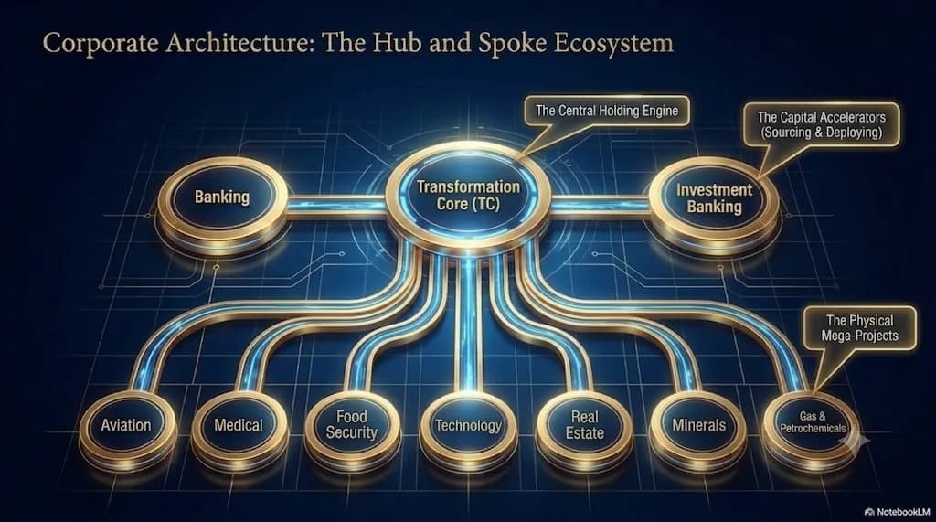 Transformation Core hub and spoke ecosystem with Banking, Investment Banking, and mega-project verticals.