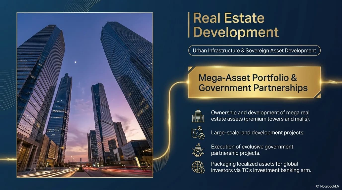 Real estate development, mega-asset portfolio, and government partnerships.